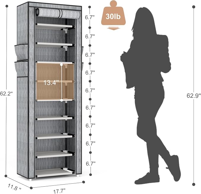 VILICK Shoe Rack with Cover Narrow Shoe Rack Organizer with 4 Side Pockets 10 Tier Tall Shoe Storage Shoe Shelf Holds 18-22 Pairs Shoes and Boots Shoe Rack for Closet, Printing - Image 3