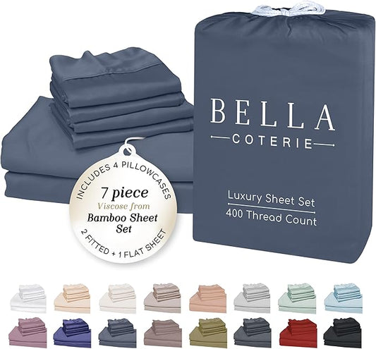 Bella Coterie 7 Piece Luxury Bamboo Viscose Split King Size Sheet Set | 2 Fitted Sheets for Adjustable Beds | 100% Organically Grown | Cooling for Hot Sleepers | 4 Pillowcases [Slate Blue]