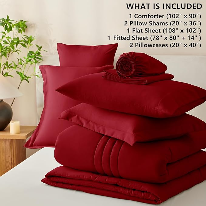 CozyLux King Comforter Set - 7 Pieces Bed in a Bag Dark Red Comforter Set with Sheets Luxury Bed Set All Seasons, Soft Bedding Set with Down Alternative Comforter, Sheets, Pillowcases & Shams