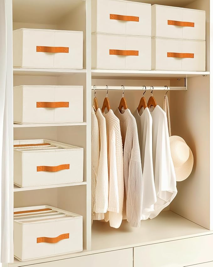 Homsorout Clothes Organizers and Storage - 4/5/7 Grids Fabric Jeans Organizer with Handles, Foldable Closet Organizers Dividers, Wardrobe organizer for Pant, Sweater, T-shirt, Scarf, 3 Pack, Beige - Image 8
