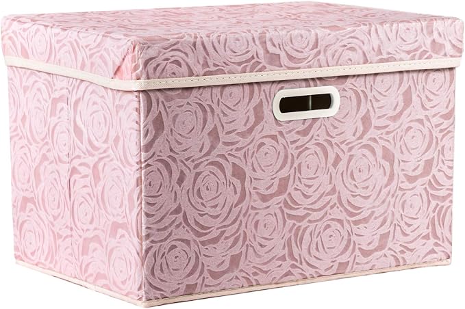 PRANDOM Larger Collapsible Storage Bin with Lid [1-Pack] Fabric Decorative Storage Box Cube Organizer Container Baskes with Handles Divider for Bedroom Closet Living Room Pink 17.7x11.8x11.8 Inch by Prandom