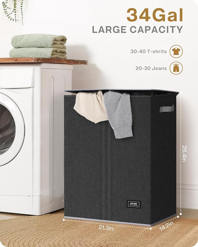 SOLEDI Double Laundry Hamper with Lid, 130L Clothes Hamper 2 Section, Laundry Basket with Removable bag, Bed room decor aesthetic, laundry room organization, Home and dorm room essentials - Image 2
