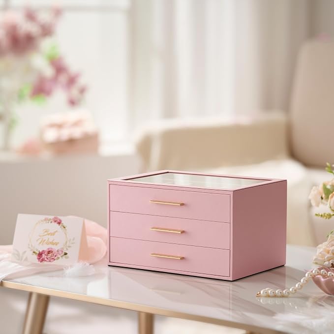 pickpiff Jewelry Box Organizer Case for Women: 3-Layer Jewelry Storage Case with Glass Window, Pink Leather with Velvet Holder for Ring Necklace Bracelet Brooch Watch, Great Gift for Her - Image 3