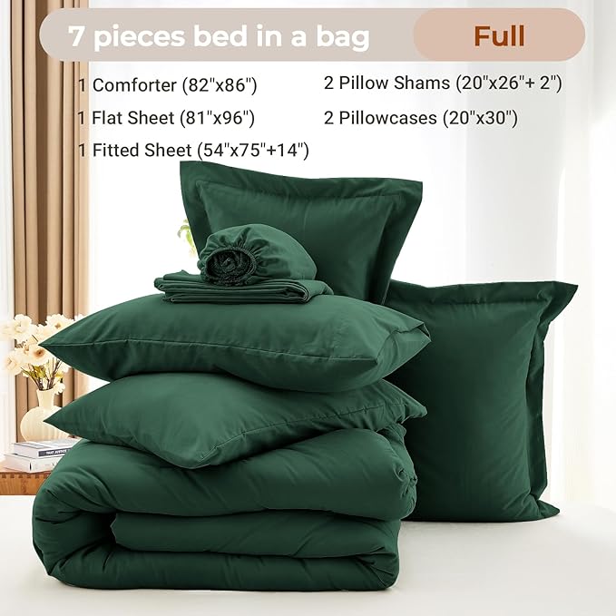 MUXHOMO 7 Pieces Full Comforter Set, Soft Bed in a Bag Full Size, All Season Bedding Set with Comforter, Flat Sheet, Fitted Sheet, Pillowcases & Shams, Dark Emerald Green