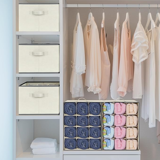 3 Pcs 12 Cell Large Size Pants Organizers for Clothes, Jeans, Sweater, T-shirt, Dress Stackable for Wardrobe Closet Drawer Organizer Storage Bin Container, Beige - Image 6