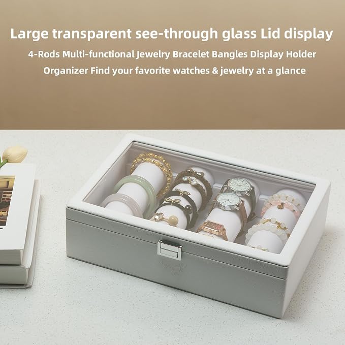 Bracelets Organizer Rods Bangles Display Holder, Clear See through Lid Leather Velvet Jewelry Storage Box Case for Women, 4 Rods White Leather - Image 7