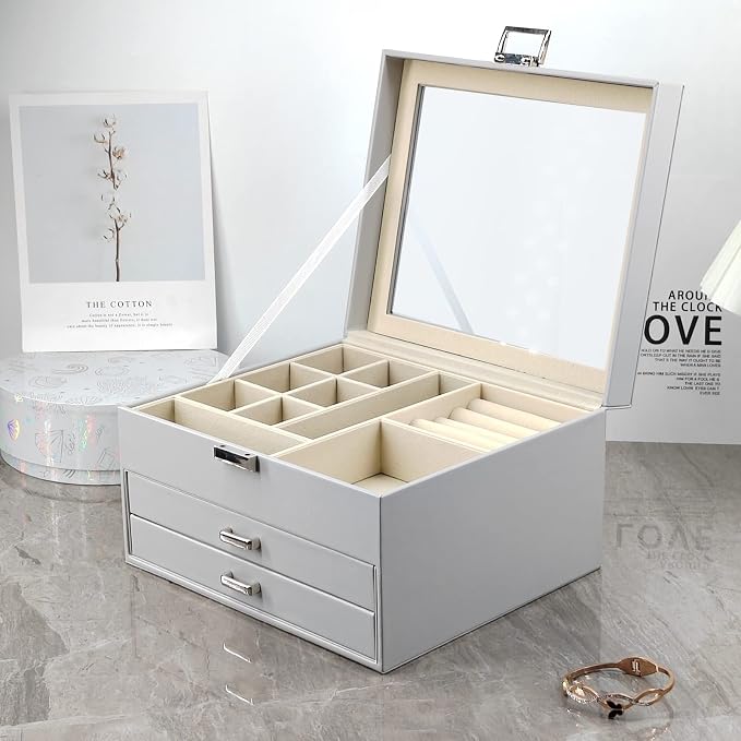 BOOVO Clear Lid Jewelry Box,3 Layers Jewelry Organizer Large Multi-Functional Jewelry Storage Box with 2 Drawers,Jewelry Display Case of Rings Earrings Necklace Bracelets for Women Girls (Grey) - Image 7