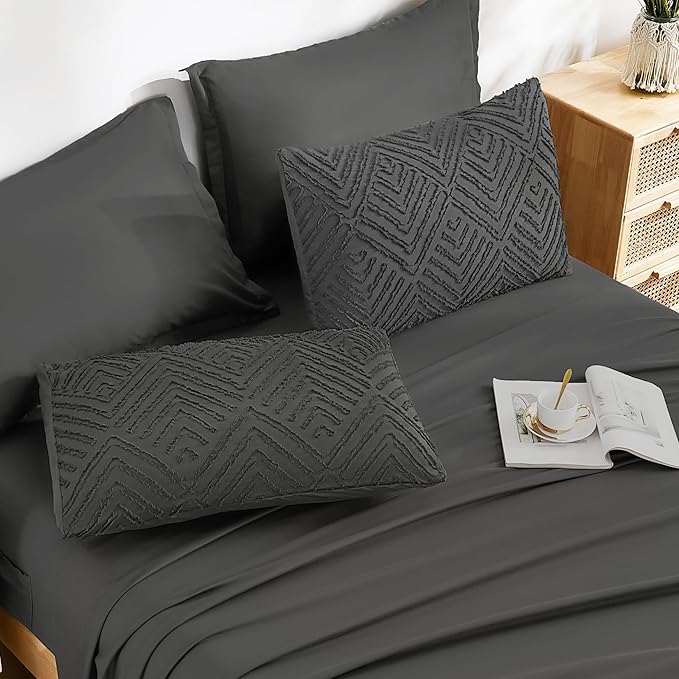 Andency Oversized King Size Comforter Set 7 Pieces Dark Grey - Bed in a Bag Oversized King Boho Lightweight Fluffy Tufted Bedding Sets with Comforter, Sheets, Pillowcases & Shams