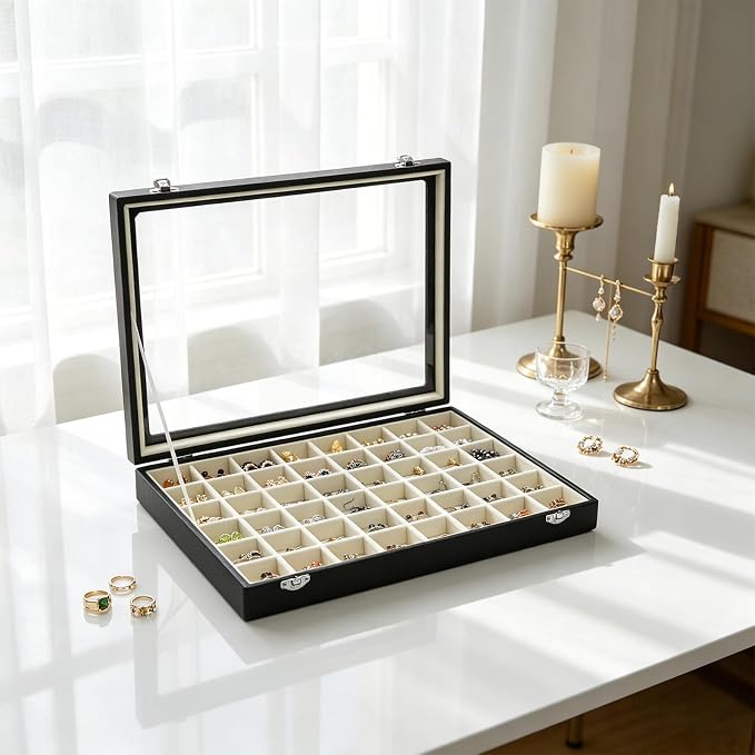 Stratalife Jewelry Organizer 48 Grid Jewelry Tray with Clear Lid Dust-proof Velvet Earring Organizer Necklace Rings Holder Display Drawer Storage Case for Women Beige Black - Image 5