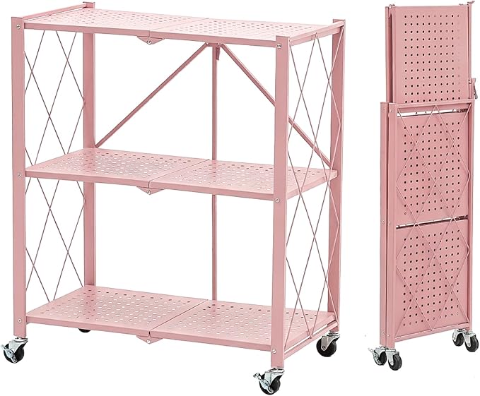 BRIAN & DANY 3-Tier Foldable Storage Shelves with Wheels, No Assembly Folding Shelf Metal Rack, Shelving Unit for Kitchen, Garage, Pink by BRIANDANY