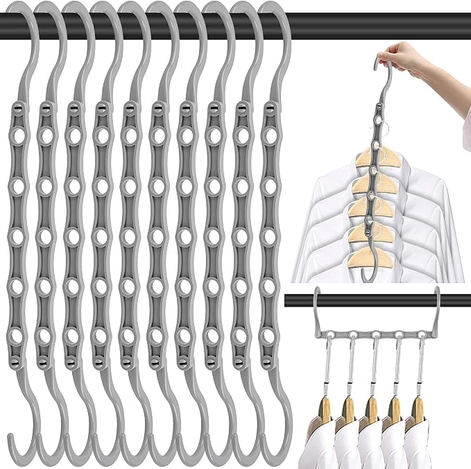 DUCOO Space Saving Hangers 10 Pack, Heavy Duty Magic Cascading Hanger Organizer with 5 Enclosed Anti-Slip Holes, Closet Organizers and Storage for Clothes, College Dorm Room Essentials, Gray by Unknown