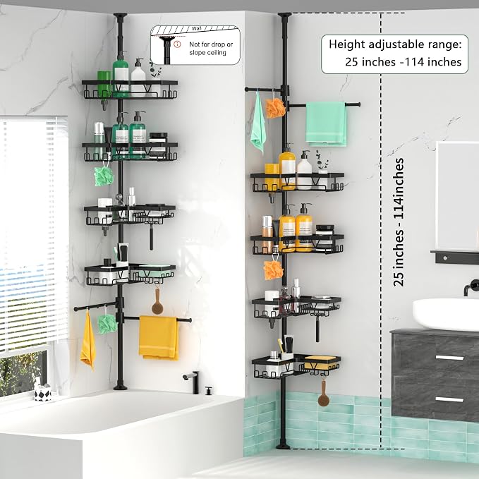 DAOYA Shower Caddy Tension Pole Corner with 4 Removable Baskets & 2 Towel Bar - Expandable Shower Caddy Corner Adjustable 25-114.2 Inches Upgraded Bath Organizer for Tub(Stainless Steel, Black) - Image 7