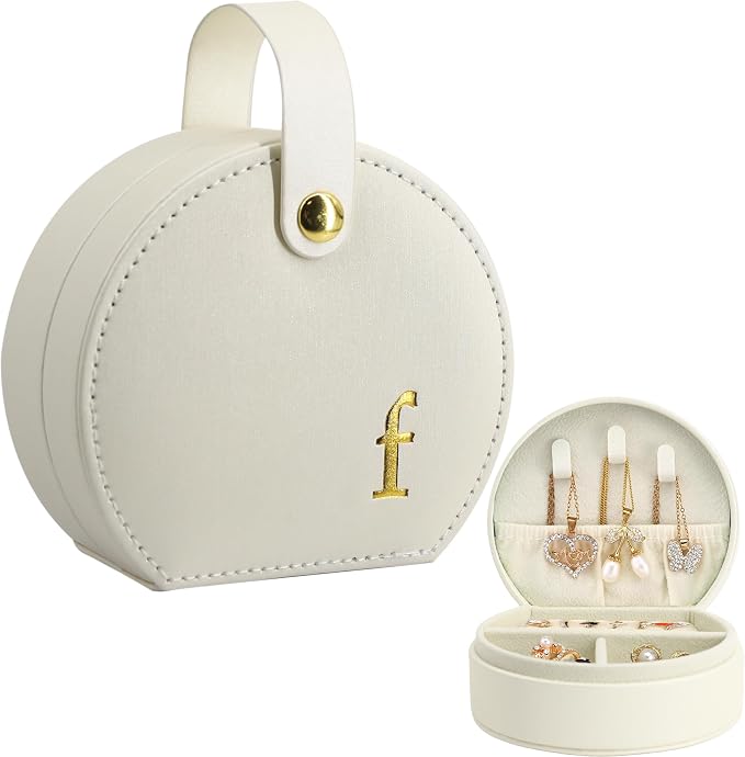 COLLECTIVE HOME - Travel Jewelry Case, Elegant Half-Moon Design with Gold Monogram, Detachable Handle, Personalized Accessory Organizer, Gift for Fashion-Forward Women and Teens (f) by COLLECTIVEHOME