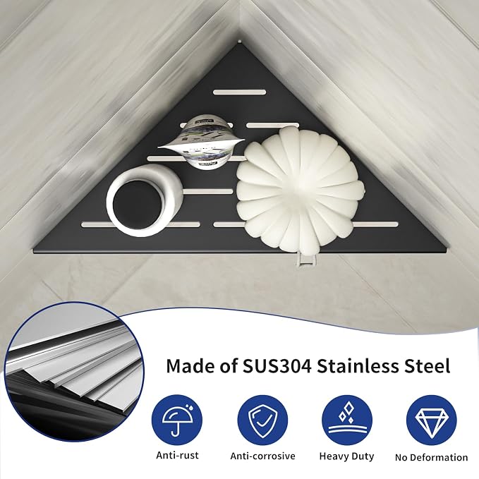 Corner Shower Shelf 10" Matte Black 304 Stainless Steel Slot Design Recessed Corner Shelf Bathroom Grout in Shelf for Tiled Wall - Image 5