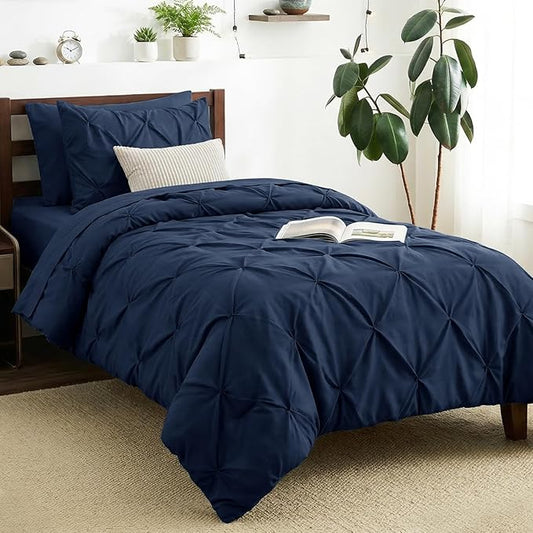 CozyLux Twin Comforter Set with Sheets Navy Blue, 5 Pieces Pintuck Bed in A Bag, Twin Bed Set Gift for Family, Pinch Pleat Bedding Set with Comforter, Sheets, Pillowcase & Sham