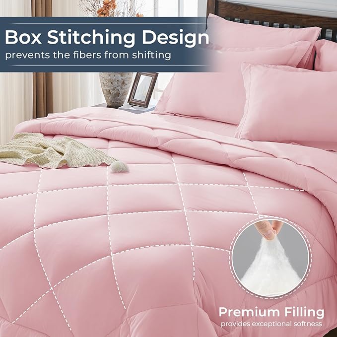 HEVUMYI Pink Queen Comforter Set - 7-Piece All Season Bed in a Bag Queen, Ultra Soft Bedding Set with Comforter, Flat Sheet, Fitted Sheet, Pillowcases, Pillow Shams, Pink