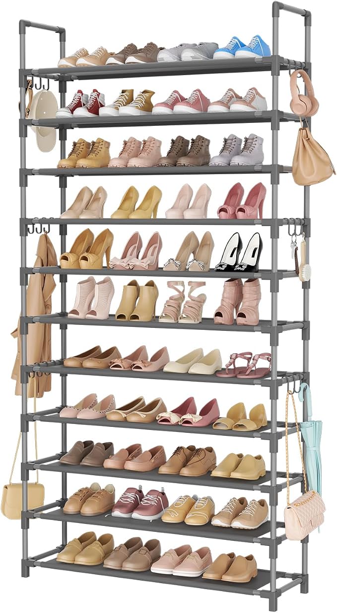 LANTEFUL 11 Tiers Tall Shoe Rack Holds 55 Pairs of Shoes with 18pcs Hooks Sturdy Wide Shoe Organizer Storage Free Standing Metal Shoe Shelf for Closet, Entryway Grey by LANTEFULforTidyingHouse