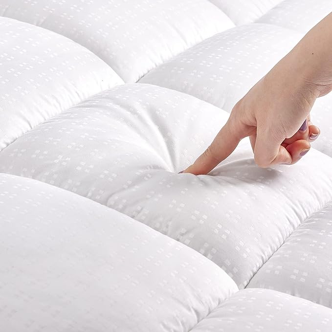 SLEEP ZONE Queen Cotton Mattress Topper, Ultra Fluffy Soft Mattress Pad Pillowtop Cooling Mattress Cover Fits 8-21 inch Deep Pocket, White
