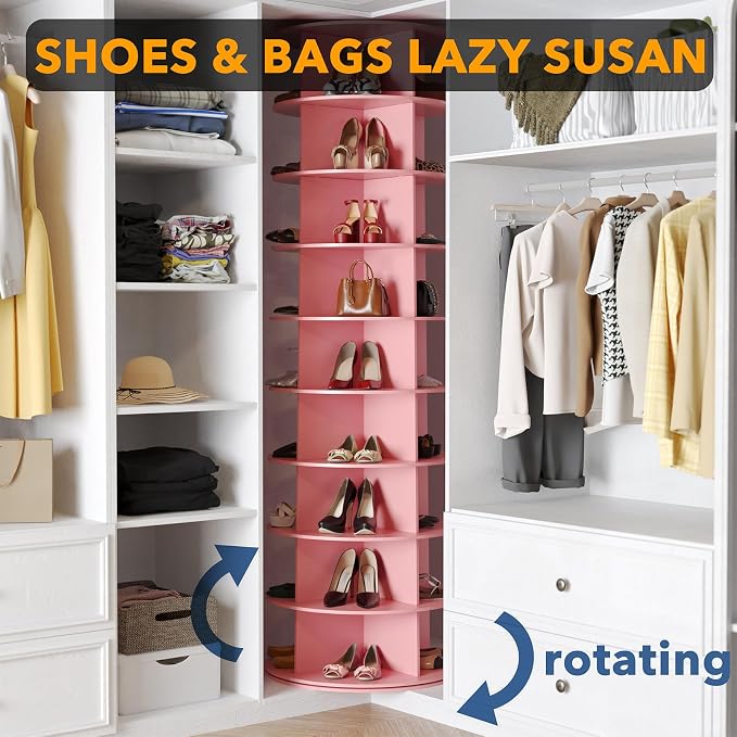 SpaceAid 9 Tier Rotating Shoe Rack Tower, Spinning Shoe Display Lazy Susan, Revolving 360 Shoe Rack Storage Round Carousel, Vertical Handbag Rotate Shoes Closet Organization (9-Tier Pink) - Image 4