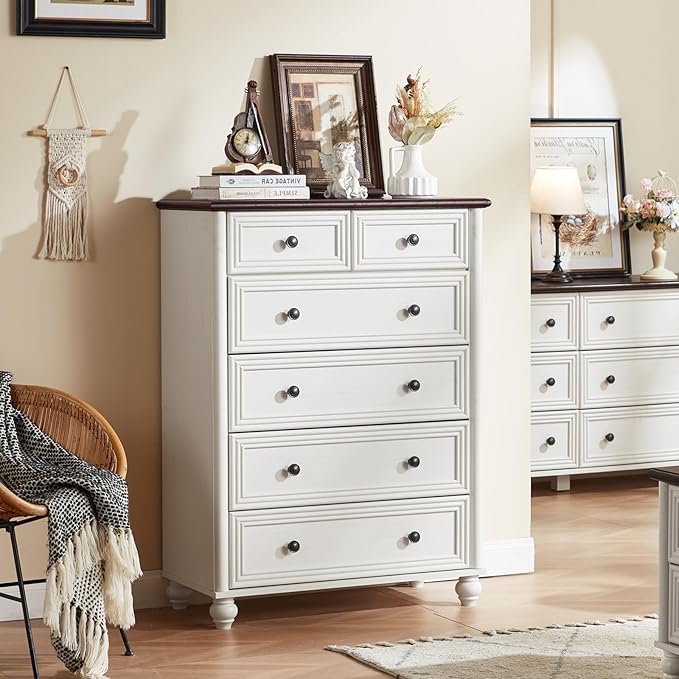 RWYHG Farmhouse 6 Drawer Dresser, Chest of Drawers for Bedroom, 43.5" Tall Wood White Kids Dresser with Roman Column and Metal Handles, Storage Dressers Organizer for Living Room, Hallway, Closet