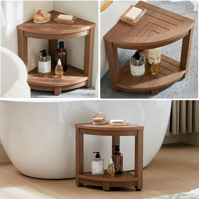 KaimuBench Corner Shower Stool for Shaving Leg, Waterproof Bathroom Shower Bench Seat for Inside Shower, Poly Lumber Plastic Shower Chair Seat, Shower Foot Rest with Adjustable Feet, Non-Slip, Brown - Image 6