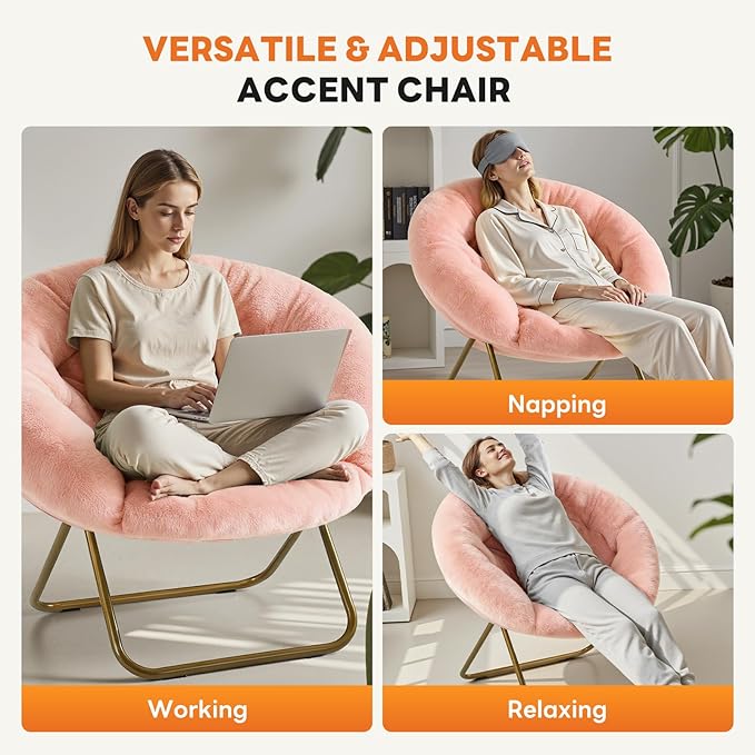 Sweetcrispy Saucer Chairs, Comfy Folding Cozy Faux Fur Living Room Reading Lounge Chair with Soft Thick Padded Seat & Metal Frame Modern Style Bedroom Home Dorm for Kids Adults, X-Large - Peach