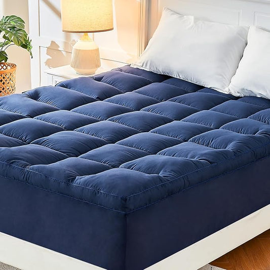 CYMULA Full XL Mattress Topper, Navy Blue Cooling Mattress Pad Cover, Extra Thick Pillow Top Mattress Topper with 8-21 Inch Elasticated Deep Pockets, Plush Down Alternative Fill Mattress Protector
