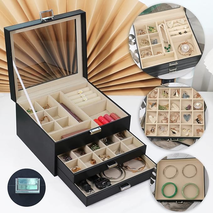 BOOVO Clear Lid Jewelry Box,3 Layers Jewelry Organizer Large Multi-Functional Jewelry Storage Box with 2 Drawers,Jewelry Display Case of Rings Earrings Necklace Bracelets for Women Girls (Black) - Image 2