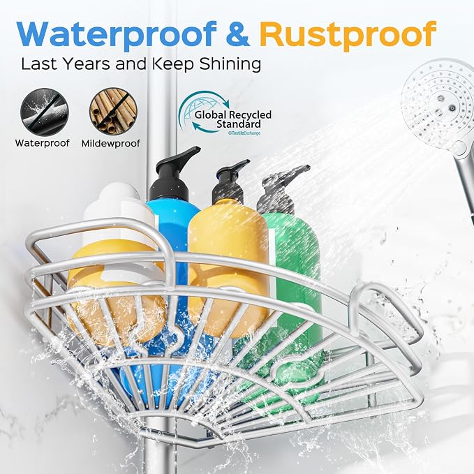 HAMITOR Shower Caddy Corner Tension Pole: 4-Tier Large Capacity Bathroom Organizer Shelves - Waterproof No-Drill Adjustable 47-123 inch Storage for Renters, Home Bathtub Stand Rack, Silver Gray - Image 5