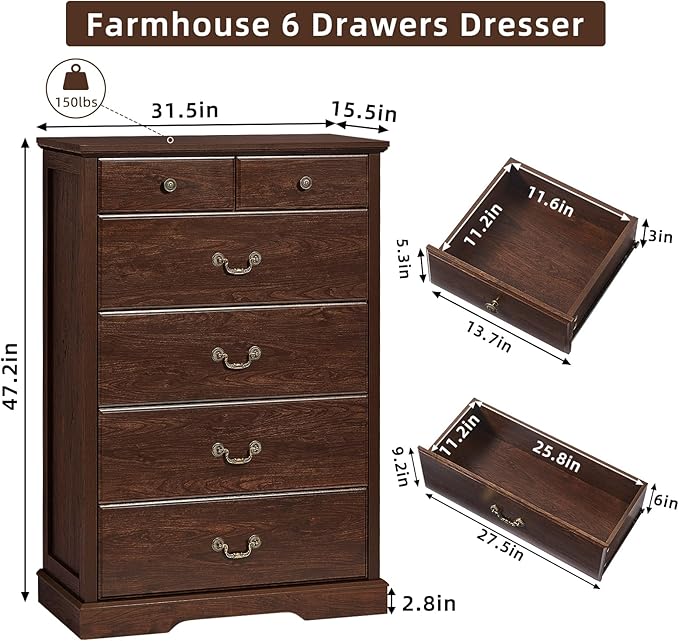 Farmhouse Dressers & Night Stand Set of 4,54" Wide 7 Drawer Dresser & 45" Tall Chest of Drawers, 18" Wide 2 Drawers End Table with Charging Station Set of 2,Furniture Dresser Sets for Home Walnut