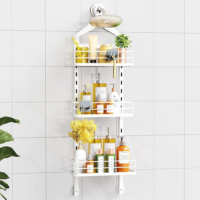ODesign 3 Tier Height-Adjustable Shower Caddy Hanging Anti-Swing-Over The Shower Head Caddy-Storage Organizer Bathroom Shelves Basket - White by ODesign