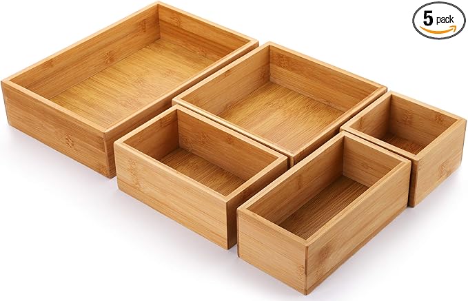 Lawei Set of 5 Bamboo Drawer Organizer Boxes, Desk Storage Box Kit, Drawer Storage Containers Tray Bins for Office, Kitchen, Bedroom, Children Room, Craft, Sewing by ENJOYEVERYMOMENT