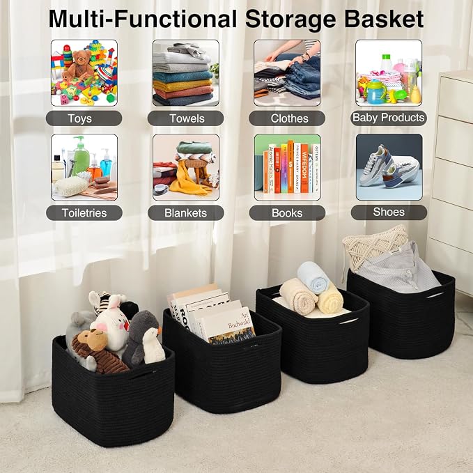 ICERZCZ Storage Baskets for Organizing & Shelves, Woven Cotton Rope Organization Bins for Dog Toys, Clothes, Books, Nursery Organizer, 15" Lx11''Wx9.5''H, (4 Packs) Black - Image 4