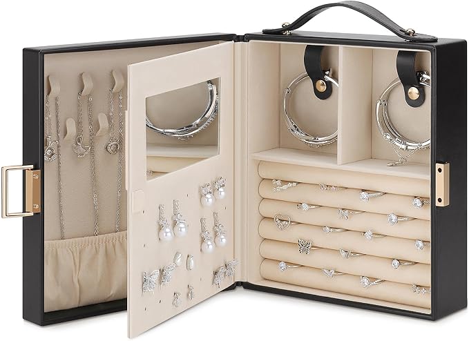DesignSter Travel Jewelry Case for Woman, Portable Jewelry Travel Box with Mirror, PU Leather Small Jewelry Organizer with Handle for Rings Earrings Bracelets Necklaces(Black Brown & Apricot) - Image 9