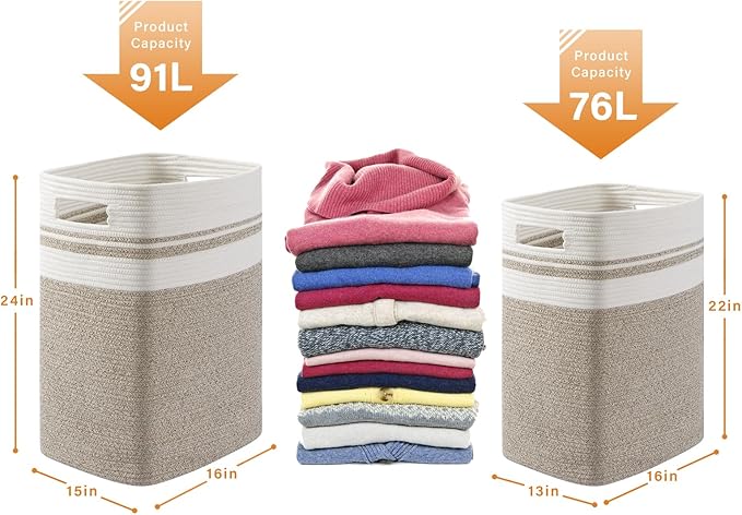 OIAHOMY 91L Laundry Hamper, XXXLarge Laundry Basket, Collapsible Cotton Rope Basket,Woven Storage Basket for Blankets,Clothes,Pillows-16x15x24-Yellow - Image 3
