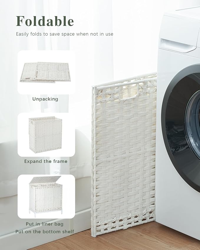 SETVSON Laundry Hamper with Lid,112 L Handwoven Rattan Wicker Laundry Basket, 2 Removable Liner Bags Metal Heightened Feet,6 Mesh Bags,2 Section Large Clothes Hamper for Bathroom Bedroom, Cloud White - Image 6