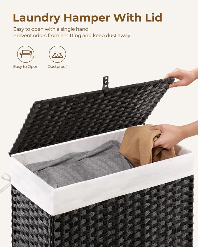 Greenstell Laundry Hamper with Lid, 125L Laundry Basket with 2 Removable Liner Bags & 2 Mesh Bags, Handwoven Synthetic Rattan Clothes Hamper for Clothes, Toys in Bathroom, Bedroom, Foldable, Black - Image 5