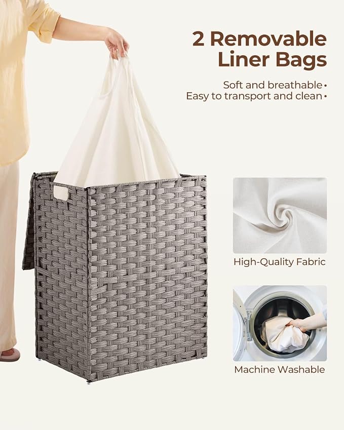 Greenstell Laundry Hamper with 2 Removable Liner Bags - 90L Divided Clothes Hamper, Handwoven Synthetic Rattan Foldable Laundry Basket with Lid and Handles Gray (18.3x13.3x24.0Inches) - Image 3