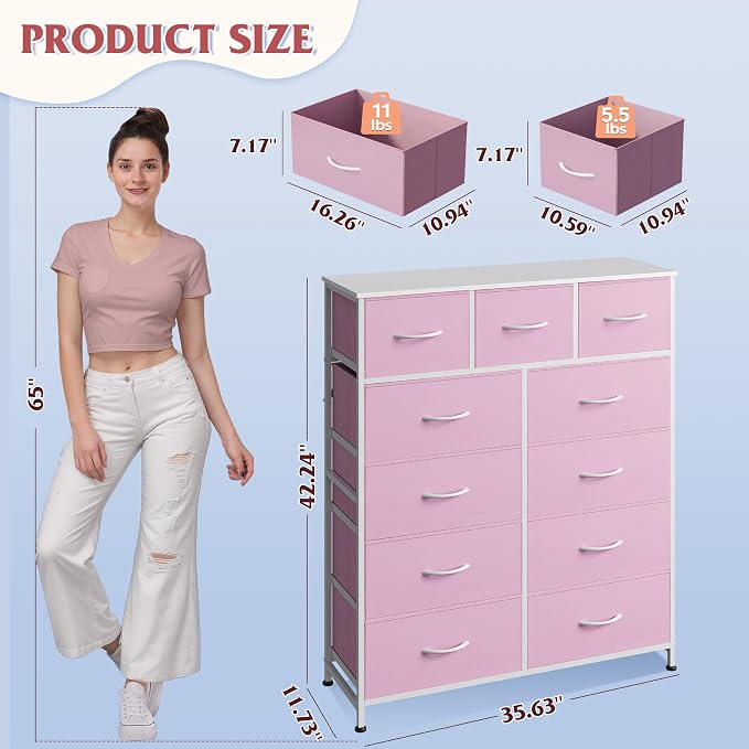 WLIVE Storage Organizer Unit with 11 Fabric Bins, Storage Drawers Organizer with Steel Frame, Tall Storage Tower Organizaton for Living Room, Hallway, Office,A-Pink - Image 3