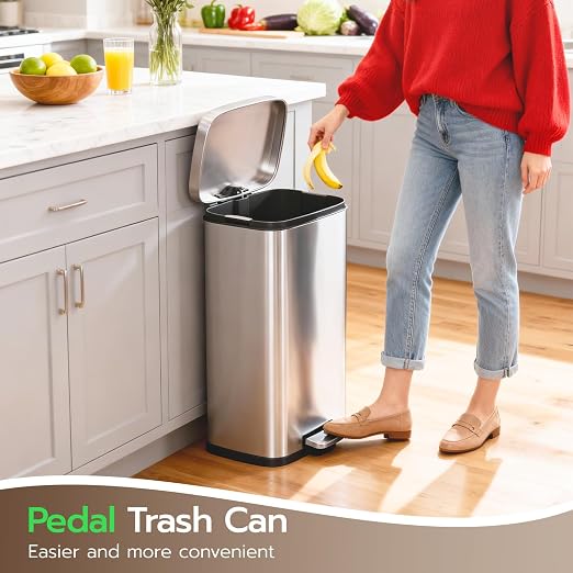 PayLessHere 8 Gallon (30L) Stainless Steel Trash Can with Lid - Removable Inner Bucket, Foot Pedal, Soft Close for Office, Home, Kitchen - Image 2