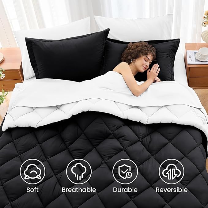 MUXHOMO 7 Pieces King Comforter Set, Reversible Bed in a Bag King Size, All Season Bedding Set with Comforter, Flat Sheet, Fitted Sheet, Pillowcases & Shams, Black & White