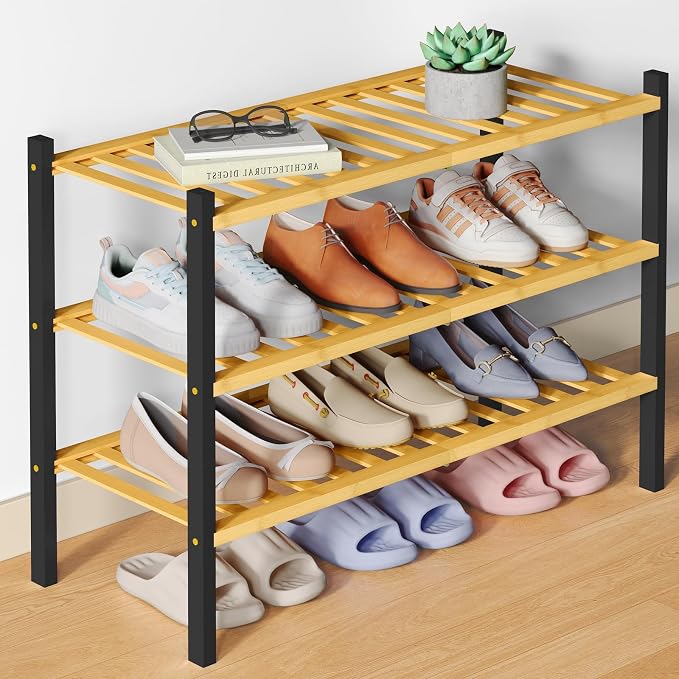 Smiry Bamboo Shoe Rack for Closet, 3 Tier Wooden Stackable Shoe Organizer, Free Standing Shoes Storage Shelf for Entryway, Front Door Entrance, Natural & Black by Smiry