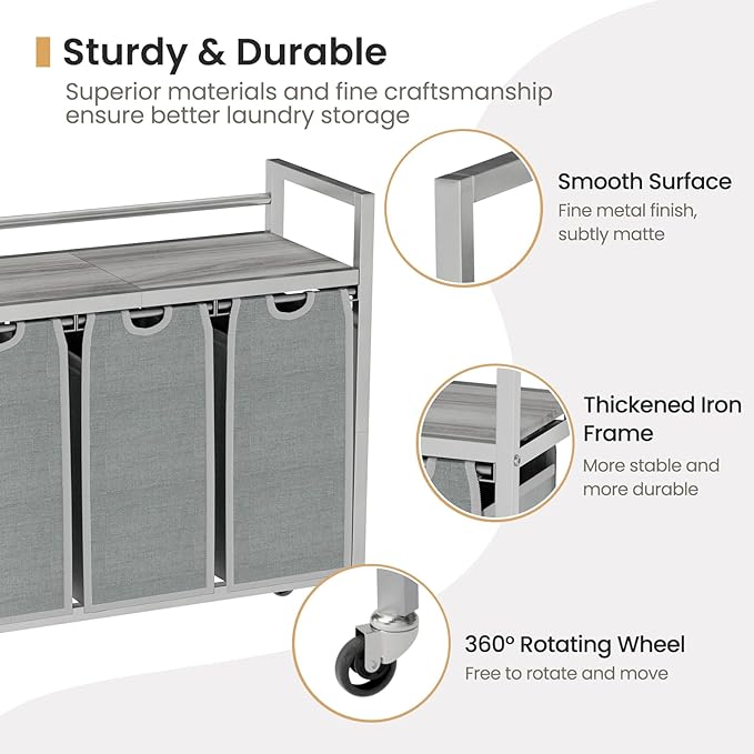 SwaaVee Laundry Hamper, Laundry Basket, Laundry Sorter with 3 Removable Bags, Clothes Basket with 3 Compartments, Wheels, Shelf for Laundry Room Bathroom Bedroom (3 Bags-Gray) - Image 4