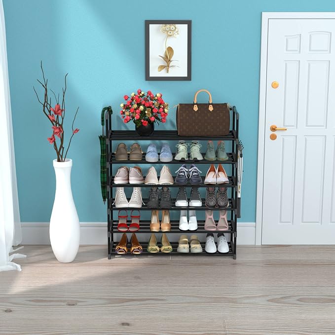 Hsscblet 6 Tiers Metal Shoe Rack,Adjustable Shoe Shelf Storage Organizer with Hooks,Stackable Boot & Shoe Storage,for Entryway,Hallway,Closet,Black - Image 4