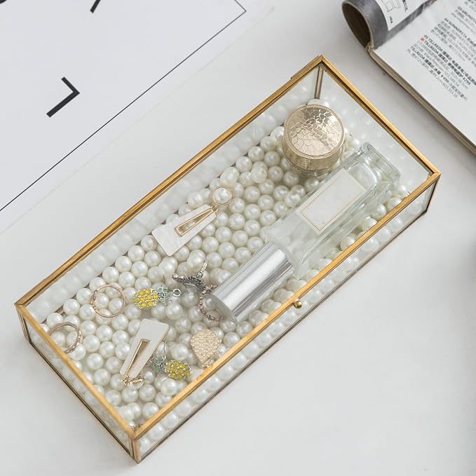 Glass Jewelry Box, Vintage Rectangle Gold Keepsake Box Organizer Box Vanity Lidded Box Home Decor Accent Decorative Box for Storage Trinket Rings Bracelet - Image 3