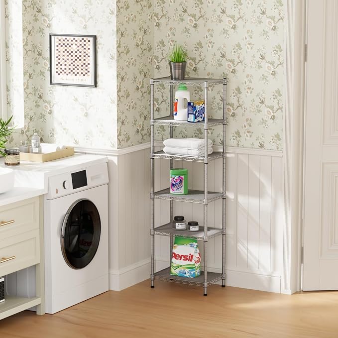 SINGAYE 6 Tier Shelf Wire Shelving Adjustable Storage Shelves Rack Standing Units for Kitchen Closet Laundry Bathroom Organizers Metal Pantry Narrow Mesh Gaps 10" D x 16" W x 60" H Gray - Image 9