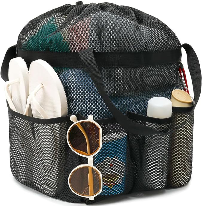 Fammart Mesh Shower Caddy Portable with Drawstring, Dorm Room Essentials for College Girls Guys, 8-Pocket Extra Large Shower Bag Basket Tote for Camping Beach Gym Travel Toiletry Bathroom by Fammart