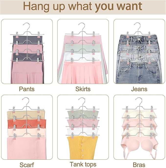 TOPIA HANGER 4 Tier Metal Skirt Hangers for Women, Pants Hanger Space Saving with Adjustable Clips, Gain 70% More Space, Non Slip Grip for Slacks, Trousers, Shorts, Jeans, Towels, Pink, 2-Pack, CT20P - Image 6
