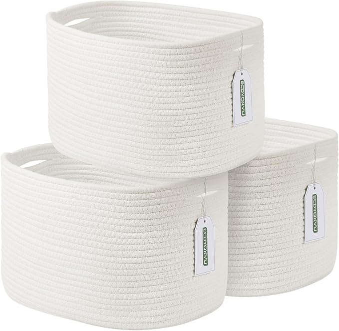 ECDYQXVU Cotton Rope Storage Basket, 15x10x9 Inches, Woven Basket for Shelves, Clothes, Towels, Books, and Laundry, White (3 Pack) by ECDYQXVU