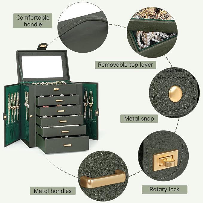 AKOZLIN 6-Tier Jewelry Box Organizer Functional 5 Drawers Leather Jewelry Storage Case for Women Girls Ring Necklace Earring Bracelet Holder Organizer with Mirror Dark Green - Image 2